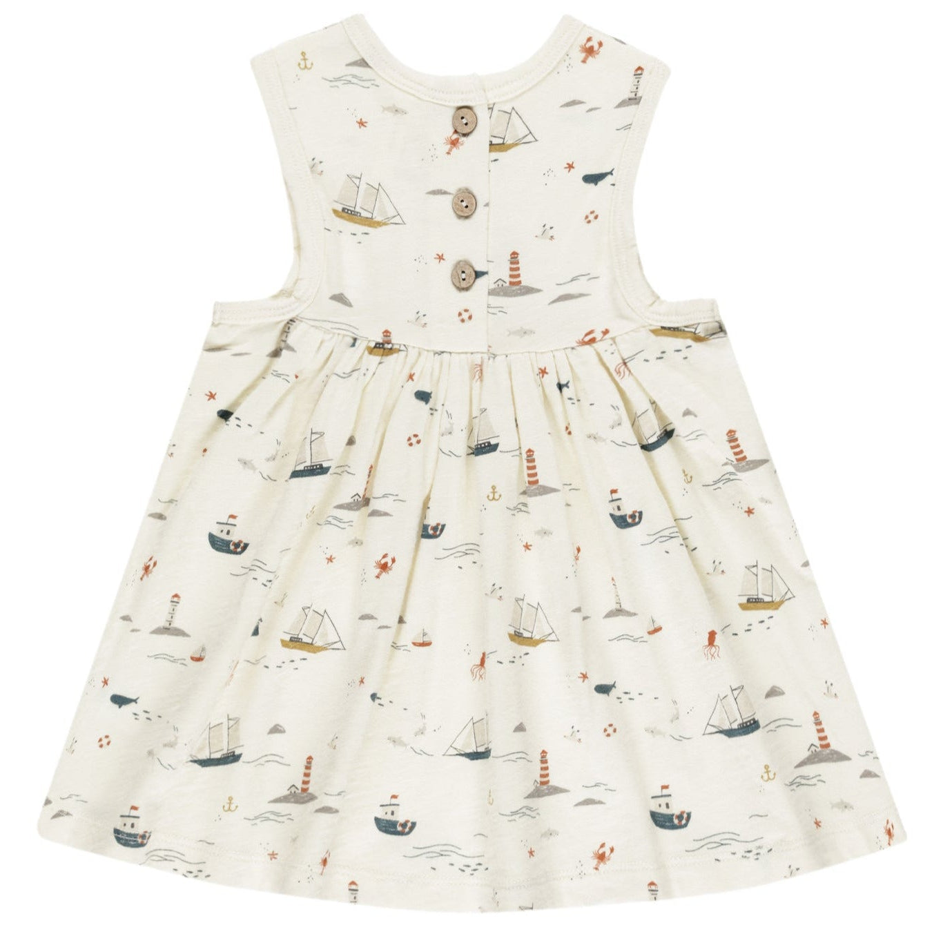 Rylee & Cru's Layla Dress for baby girls and girls is a sleeveless cream babydoll style with back buttons, featuring a nautical print of ships, lighthouses, and waves.