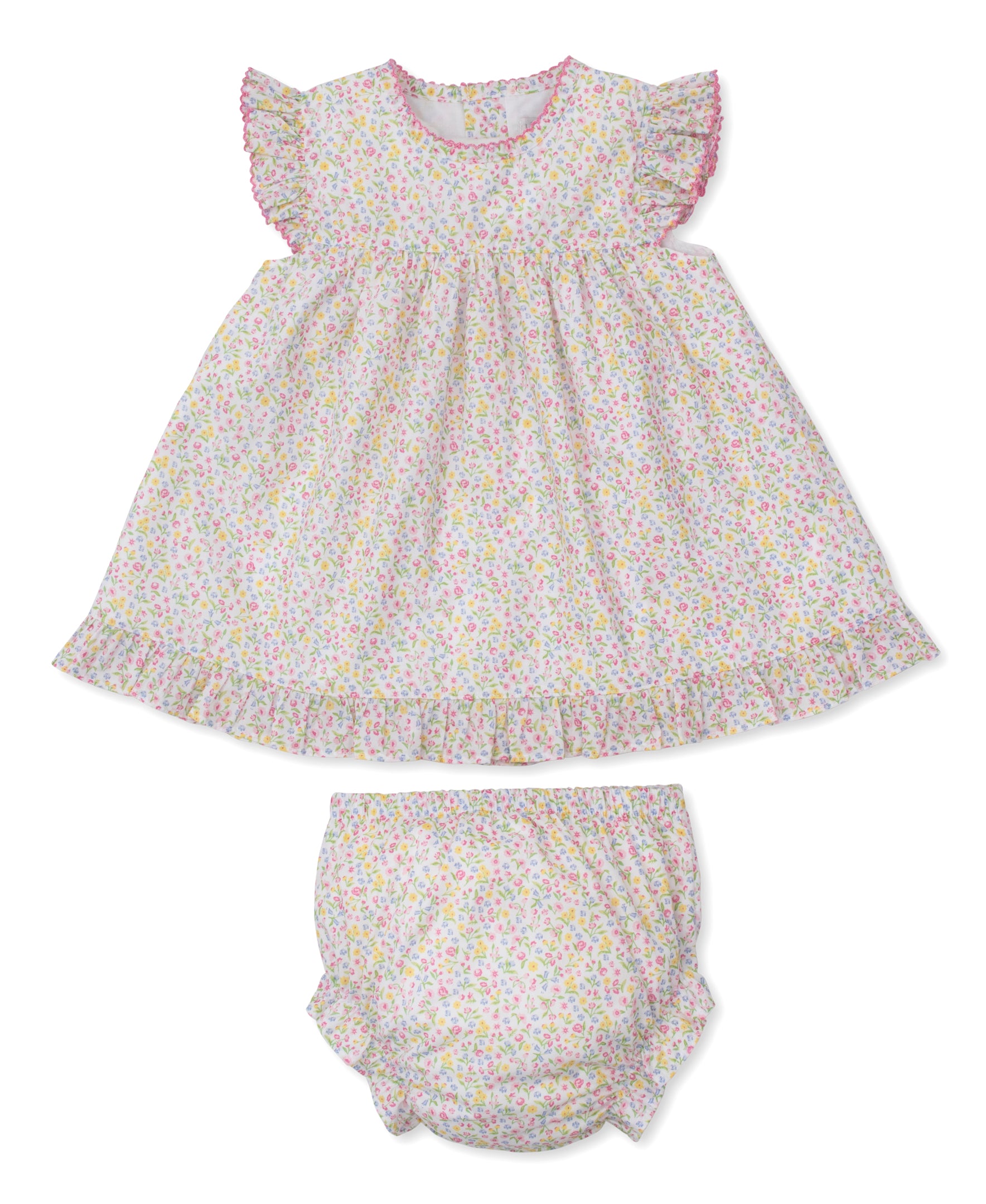 The Kissy Kissy Baby Girls' Garden Trellis Woven Dress Set features a Pima cotton dress with floral patterns, ruffled sleeves, and matching bloomers on a light background.