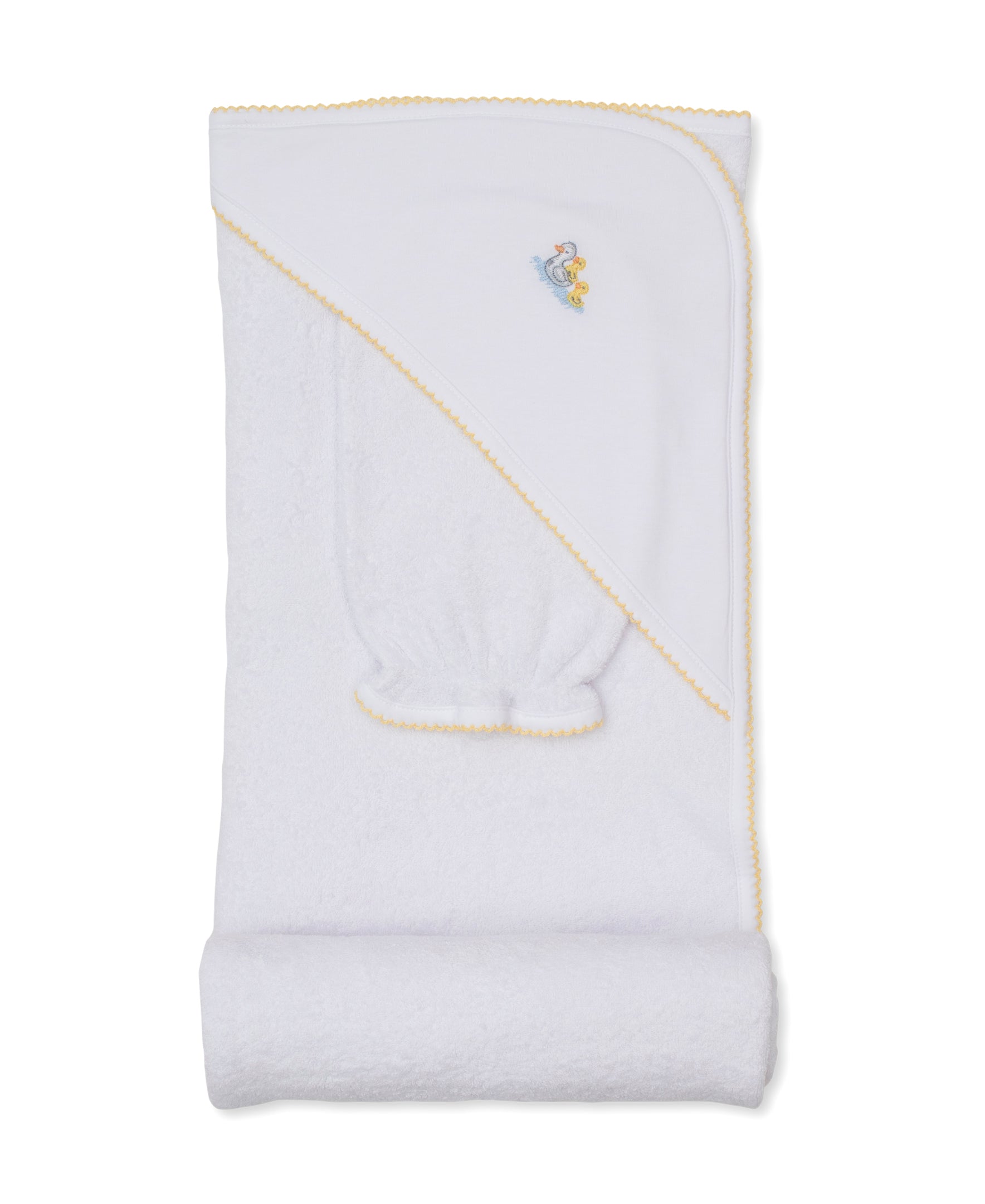 The Duck Pond Paddles Hooded Towel with Mitt by Kissy Kissy features a white design with yellow trim and an embroidered duck, neatly folded to showcase the hooded corner. Crafted from soft Pima cotton, this gentle and absorbent bathtime towel is perfect for your little one.