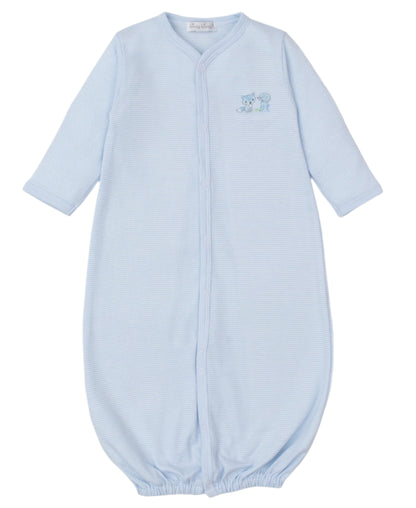 The Kissy Kissy Forest Fun Striped Convertible Gown, in light blue, is made from soft Pima cotton and features long sleeves with a small embroidered animal on the chest. Its multi-functional design allows it to convert into a cozy gown for added convenience.