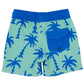 Experience the Feather 4 Arrow Baby Wavy Palm Boardshort, featuring a stylish palm tree design in blue and green. Crafted from an eco-friendly up-cycled coconut-poly blend, these shorts include a convenient back pocket and offer UPF50+ sun protection for your little one.