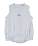 The Kissy Kissy Baby Boys' CLB Summer Medley Striped Bubble is a light blue sleeveless romper made from soft Pima cotton, featuring subtle stripes, elastic leg openings, back buttons, and a small hand-embroidered sailboat on the chest.