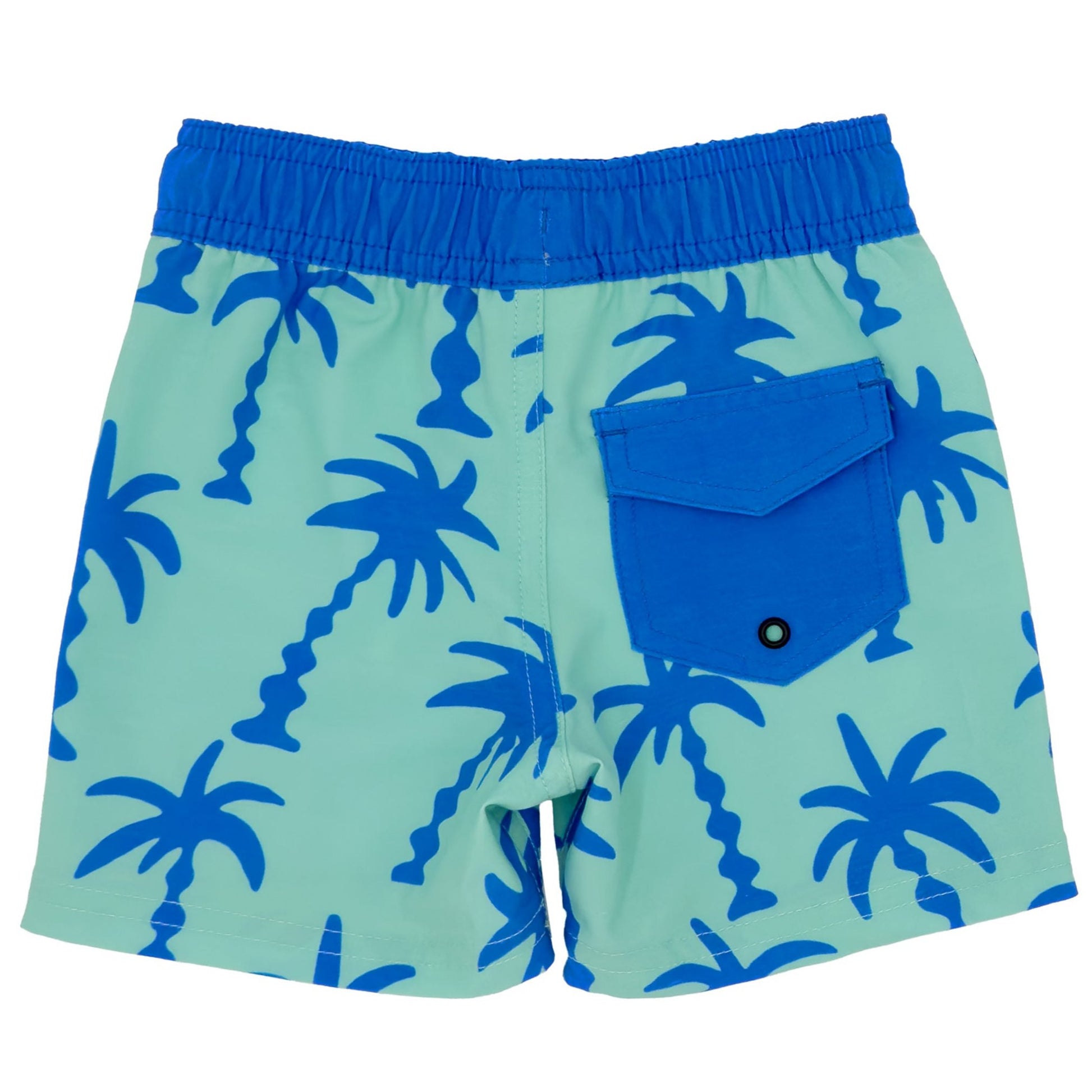 Experience the Feather 4 Arrow Baby Wavy Palm Boardshort, featuring a stylish palm tree design in blue and green. Crafted from an eco-friendly up-cycled coconut-poly blend, these shorts include a convenient back pocket and offer UPF50+ sun protection for your little one.