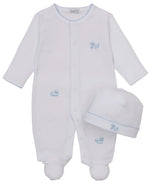 Dress your little one in the Kissy Kissy Baby Puppy Paws Footie & Hat Set, featuring a white footie with blue stitching and charming embroidered puppy designs, crafted from soft Pima cotton. This adorable set is completed with a matching white hat adorned with the same blue puppy embroidery, making it the perfect puppy-themed ensemble for your baby.