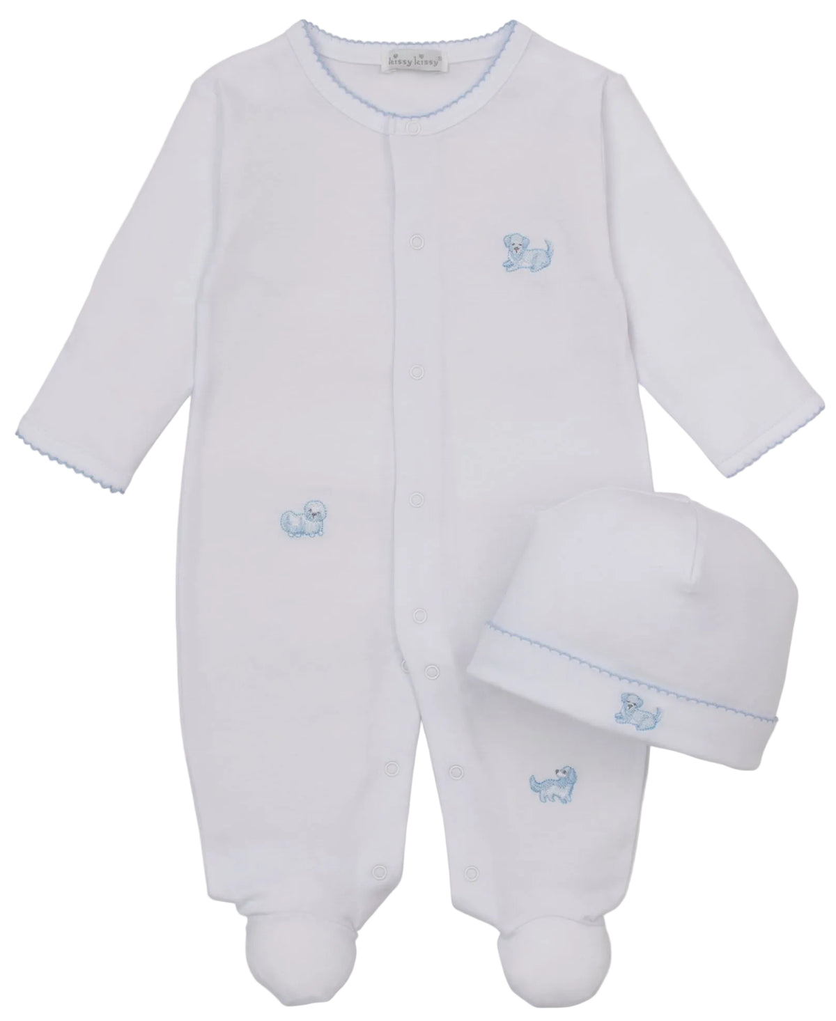 Dress your little one in the Kissy Kissy Baby Puppy Paws Footie & Hat Set, featuring a white footie with blue stitching and charming embroidered puppy designs, crafted from soft Pima cotton. This adorable set is completed with a matching white hat adorned with the same blue puppy embroidery, making it the perfect puppy-themed ensemble for your baby.