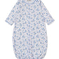 The Kissy Kissy Baby Whale Pods Convertible Gown, crafted from light blue Pima cotton and adorned with a charming whale pods print featuring blue whales and fish, showcases long sleeves and elasticized bottom and cuffs, displayed flat on a white background.