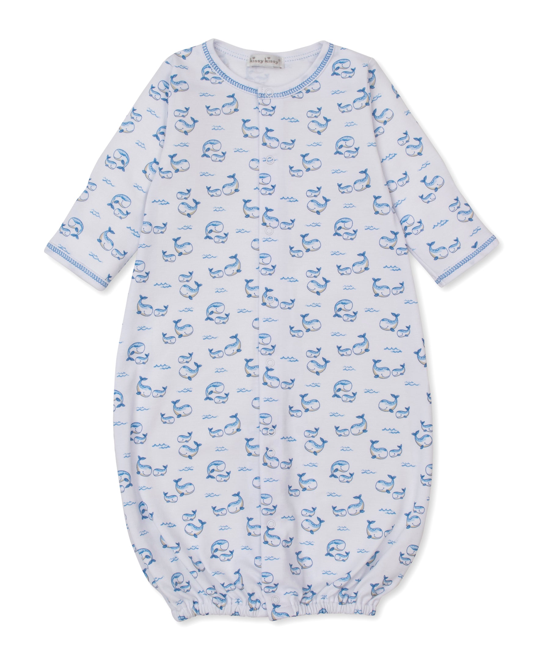 The Kissy Kissy Baby Whale Pods Convertible Gown, crafted from light blue Pima cotton and adorned with a charming whale pods print featuring blue whales and fish, showcases long sleeves and elasticized bottom and cuffs, displayed flat on a white background.