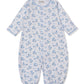 The Kissy Kissy Baby Whale Pods Convertible Gown is a white footless baby sleeper with long sleeves, adorned with a charming whale pods print. Crafted from soft Pima cotton, this sleepwear features elastic cuffs at the wrists and ankles for a cozy fit.