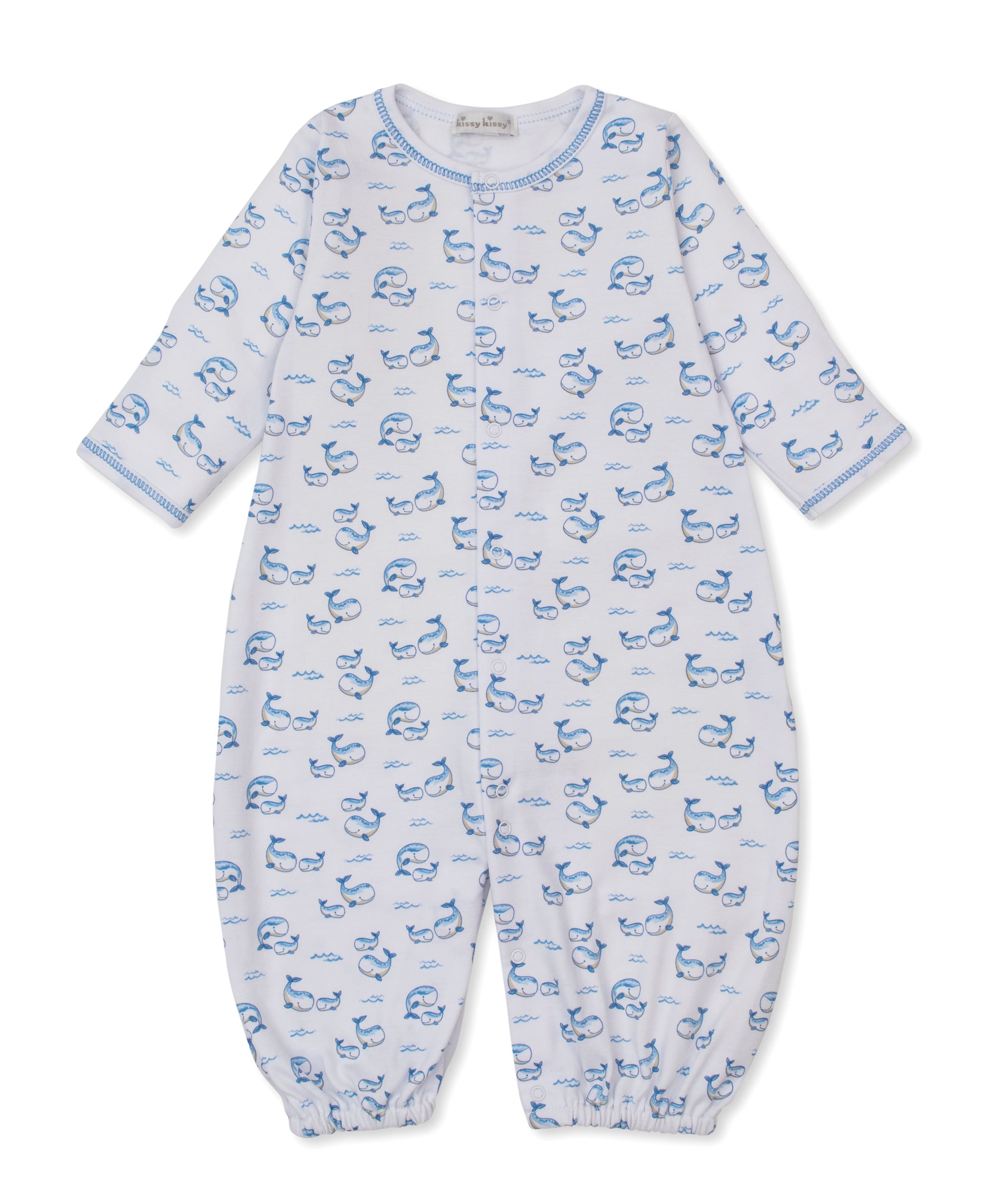 The Kissy Kissy Baby Whale Pods Convertible Gown is a white footless baby sleeper with long sleeves, adorned with a charming whale pods print. Crafted from soft Pima cotton, this sleepwear features elastic cuffs at the wrists and ankles for a cozy fit.