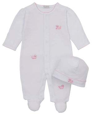 The Kissy Kissy Baby Puppy Paws Footie & Hat Set, crafted from soft Pima cotton, features a white infant sleeper adorned with pink stitched animal details and comes with a matching beanie hat, all displayed on a plain background.