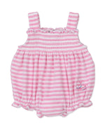 Dress your little one in the Kissy Kissy Baby Girls' Whale Pods Terry Bubble, a pink and white striped romper with charming ruffles and shoulder straps. This adorable outfit features delicate smocked detailing and a small embroidered whale on the lower right side, all crafted from soft Pima cotton for ultimate comfort.