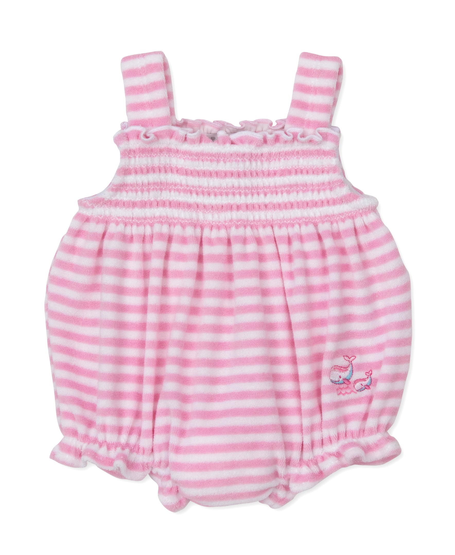 Dress your little one in the Kissy Kissy Baby Girls' Whale Pods Terry Bubble, a pink and white striped romper with charming ruffles and shoulder straps. This adorable outfit features delicate smocked detailing and a small embroidered whale on the lower right side, all crafted from soft Pima cotton for ultimate comfort.
