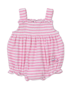Dress your little one in the Kissy Kissy Baby Girls' Whale Pods Terry Bubble, a pink and white striped romper with charming ruffles and shoulder straps. This adorable outfit features delicate smocked detailing and a small embroidered whale on the lower right side, all crafted from soft Pima cotton for ultimate comfort.