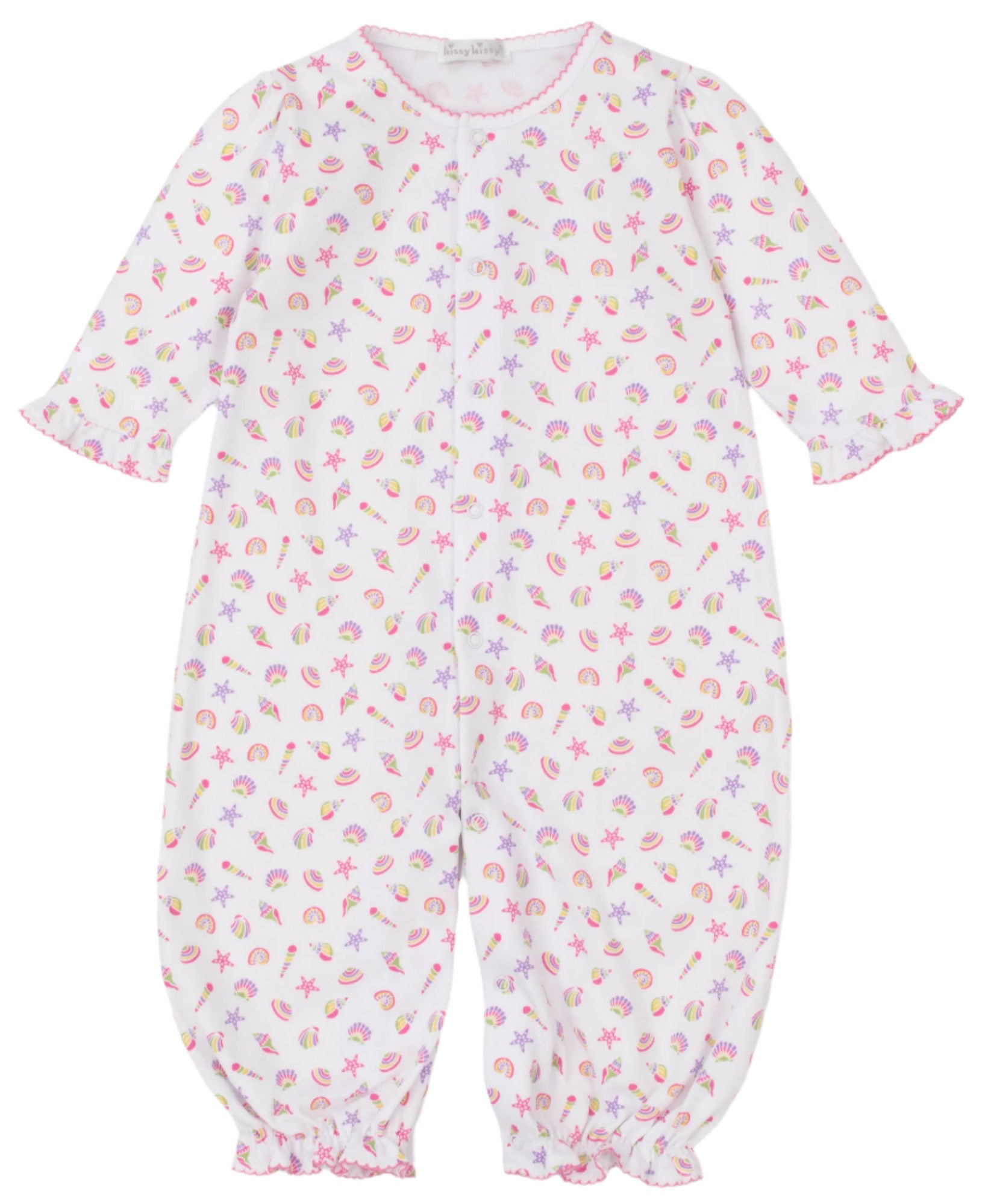 The Kissy Kissy Baby Girls' Sea Shell Magic Convertible Gown is crafted from soft Pima cotton with a shell, starfish, and crab pattern. Pink ruffle trim accents the sleeves, collar, and cuffs for a charming finish.