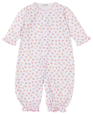 The Kissy Kissy Baby Girls' Sea Shell Magic Convertible Gown is crafted from soft Pima cotton with a shell, starfish, and crab pattern. Pink ruffle trim accents the sleeves, collar, and cuffs for a charming finish.