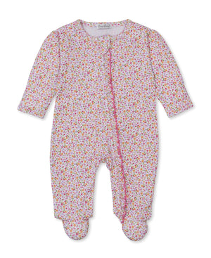 Introducing the Baby Girls' Blossoming Bows Zip Footie by Kissy Kissy—an ultra-soft Pima cotton footie adorned with a delicate all-over floral print in pink, yellow, and green on a crisp white background. Pink ruffle trim accents the front zip closure, adding a sweet finishing touch. This floral zippered footie offers both comfort and style for your little one.