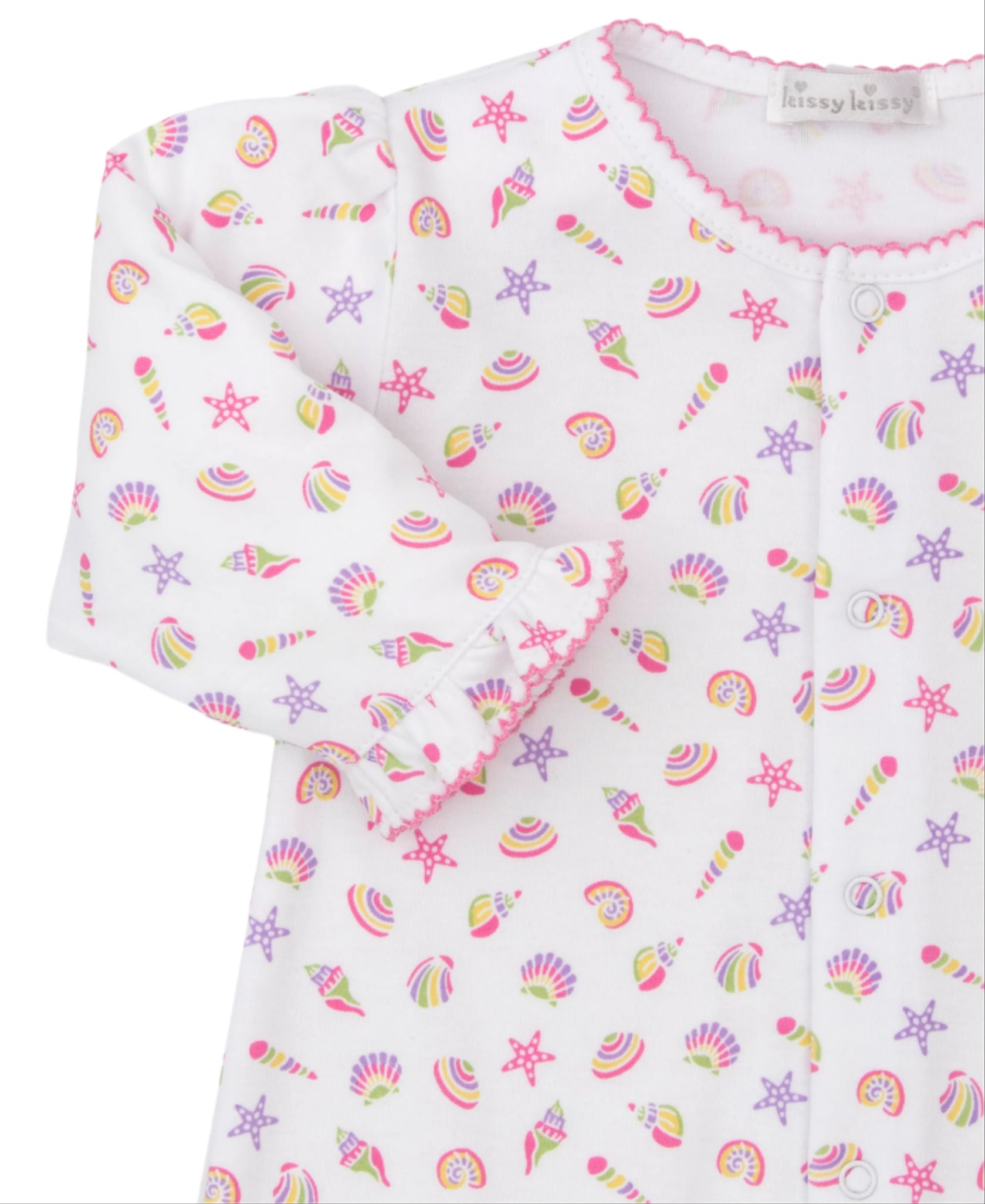 The Kissy Kissy Baby Girls' Sea Shell Magic Convertible Gown features soft Pima cotton with pink scalloped trim and a colorful seashell and starfish print in pink, purple, yellow, and green.