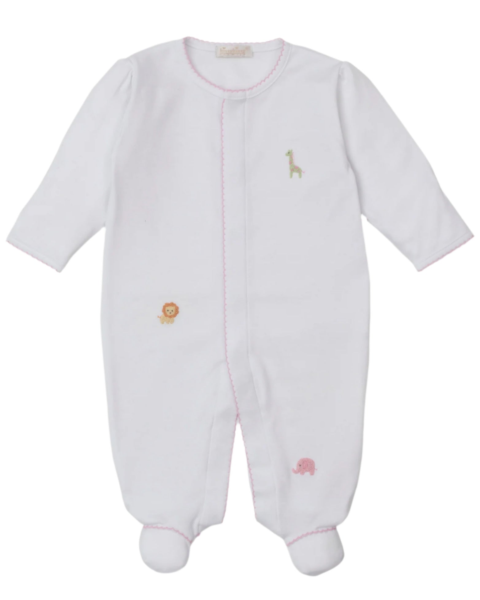 The Kissy Kissy Baby' Safari Wild Footie with Hand Emb. is a white Peruvian cotton onesie with long sleeves, footed legs, light pink edging, and delicate embroidered giraffe, lion, and elephant details—a charming favorite.