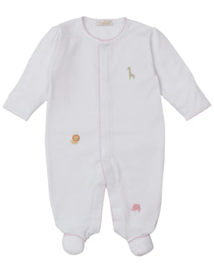 The Kissy Kissy Baby' Safari Wild Footie with Hand Emb. is a white Peruvian cotton onesie with long sleeves, footed legs, light pink edging, and delicate embroidered giraffe, lion, and elephant details—a charming favorite.