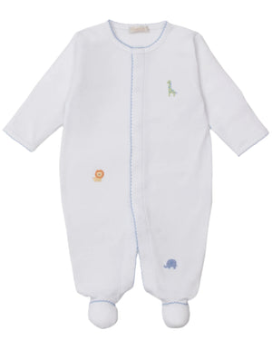 The Kissy Kissy Baby's Safari Wild Footie with Hand Emb. is made from white Peruvian cotton, features blue trim and adorable hand-embroidered giraffe, lion, and elephant designs for a soft, cozy feel.