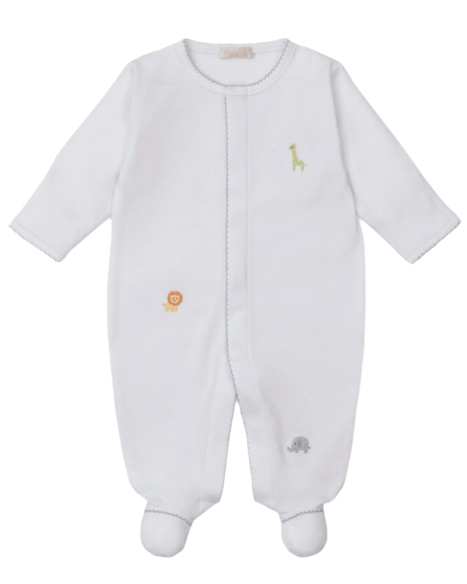 The Kissy Kissy Baby' Safari Wild Footie with Hand Emb. is a white, long-sleeve onesie made of soft Peruvian cotton, featuring small embroidered safari animals like a giraffe, lion, and elephant.