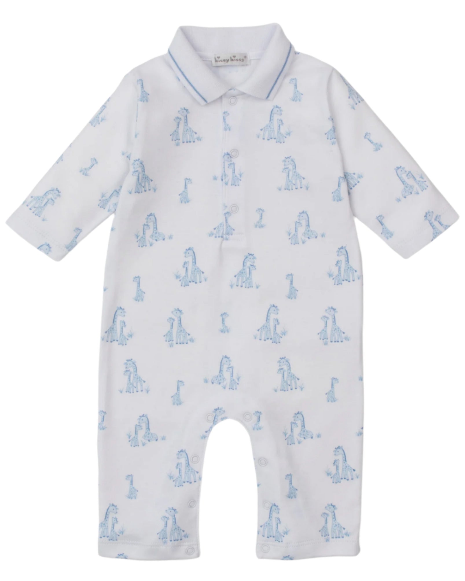 The Kissy Kissy Baby' Giraffe Grace Playsuit is a soft Pima cotton long-sleeve white playsuit with a collar and a charming giraffe print.