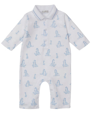 The Kissy Kissy Baby' Giraffe Grace Playsuit is a soft Pima cotton long-sleeve white playsuit with a collar and a charming giraffe print.
