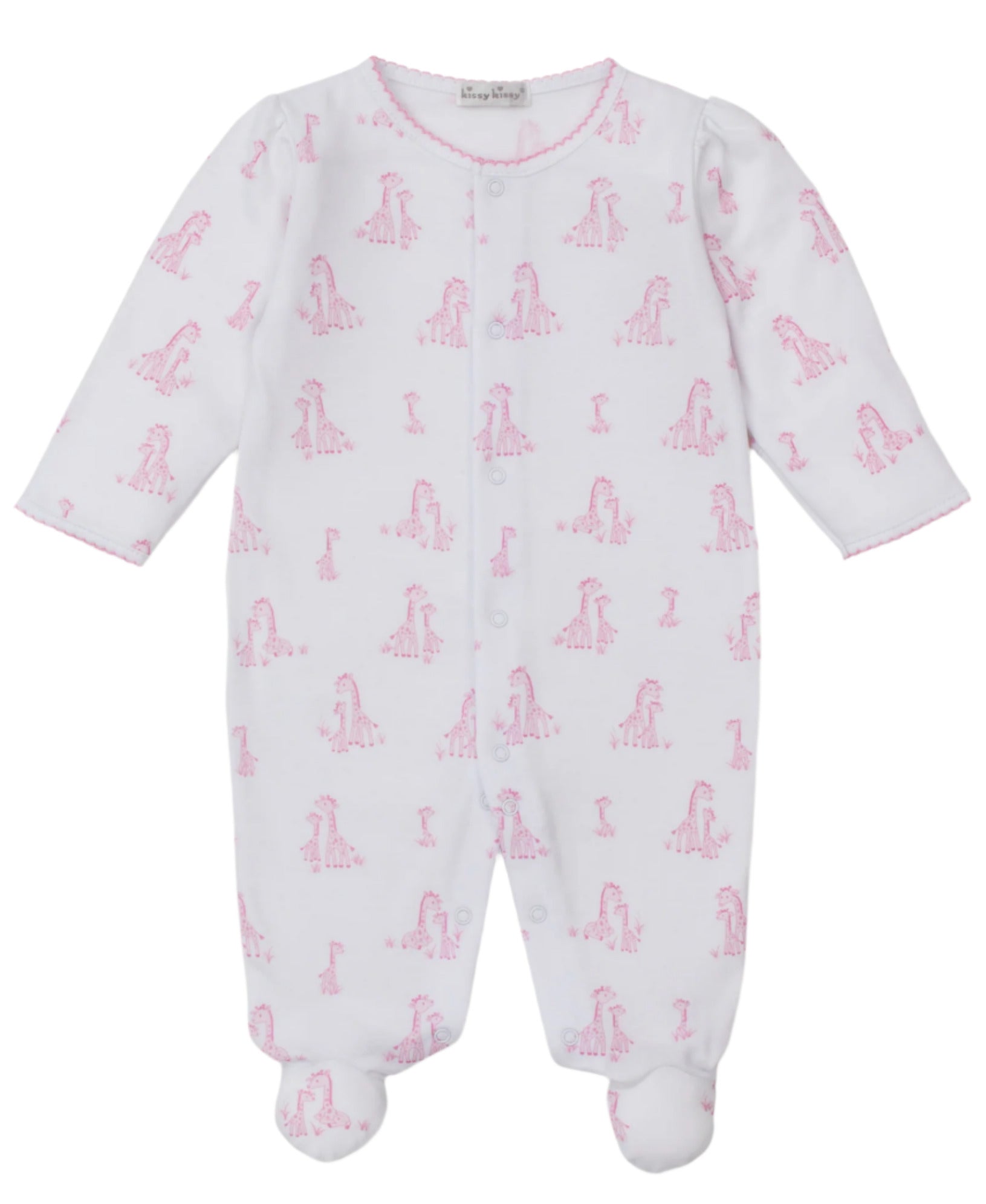 The Kissy Kissy Baby Girls' Giraffe Grace Printed Footie features a pink giraffe print, long sleeves, snap-front closure, and is crafted from soft Pima cotton.