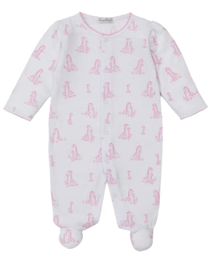 The Kissy Kissy Baby Girls' Giraffe Grace Printed Footie features a pink giraffe print, long sleeves, snap-front closure, and is crafted from soft Pima cotton.