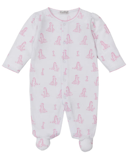 The Kissy Kissy Baby Girls' Giraffe Grace Printed Footie features a pink giraffe print, long sleeves, snap-front closure, and is crafted from soft Pima cotton.