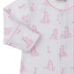 The Kissy Kissy Baby Girls' Giraffe Grace Printed Footie features soft Pima cotton, a pink giraffe print, pink scalloped cuffs and collar, front snaps, and a visible brand label on the neckline.