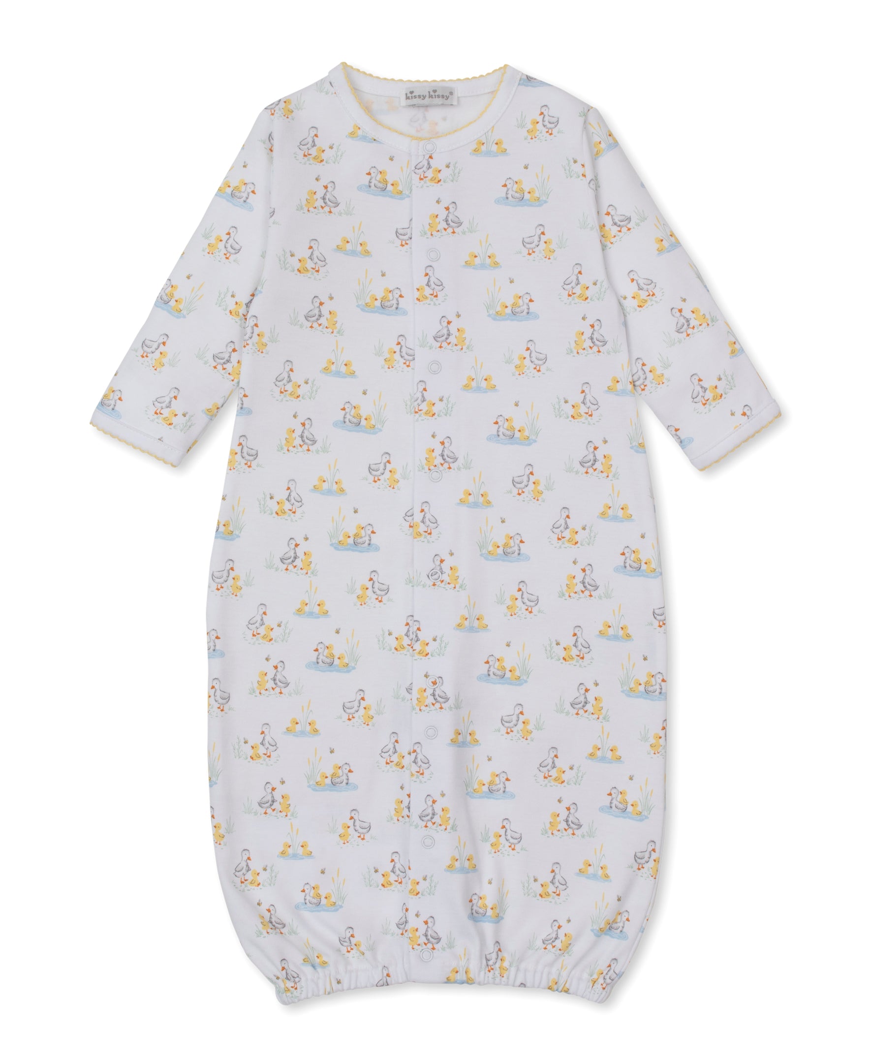The Kissy Kissy Baby Duck Pond Paddles Convertible Gown is crafted from ultra-soft Pima cotton and features a playful pastel animal print on a white background. Designed for your baby's comfort, this long-sleeve gown includes an elastic hem and convenient snap buttons down the front.