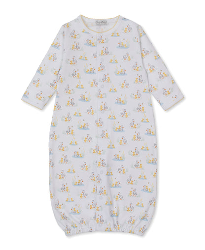 The Kissy Kissy Baby Duck Pond Paddles Convertible Gown is crafted from ultra-soft Pima cotton and features a playful pastel animal print on a white background. Designed for your baby's comfort, this long-sleeve gown includes an elastic hem and convenient snap buttons down the front.