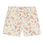 Beige Rylee + Cru Board Short by Rylee & Cru features a drawstring waist and a vibrant sea-themed pattern with crabs, fish, shells, and starfish. Ideal for pairing with a matching swim top.