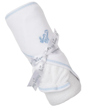 A white baby blanket with light blue trim and a small blue design, rolled and tied with a "Kissy Kissy" ribbon—perfect for after bathtime or pairing with the Kissy Kissy Giraffe Grace Hooded Towel & Mitt Set.