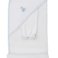 The Kissy Kissy Giraffe Grace Hooded Towel & Mitt Set features a white towel with light blue trim and an embroidered giraffe, folded to show the hood and matching mitt—ideal for keeping baby cozy at bathtime.