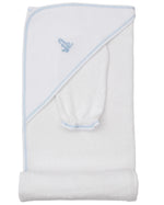 The Kissy Kissy Giraffe Grace Hooded Towel & Mitt Set features a white towel with light blue trim and an embroidered giraffe, folded to show the hood and matching mitt—ideal for keeping baby cozy at bathtime.