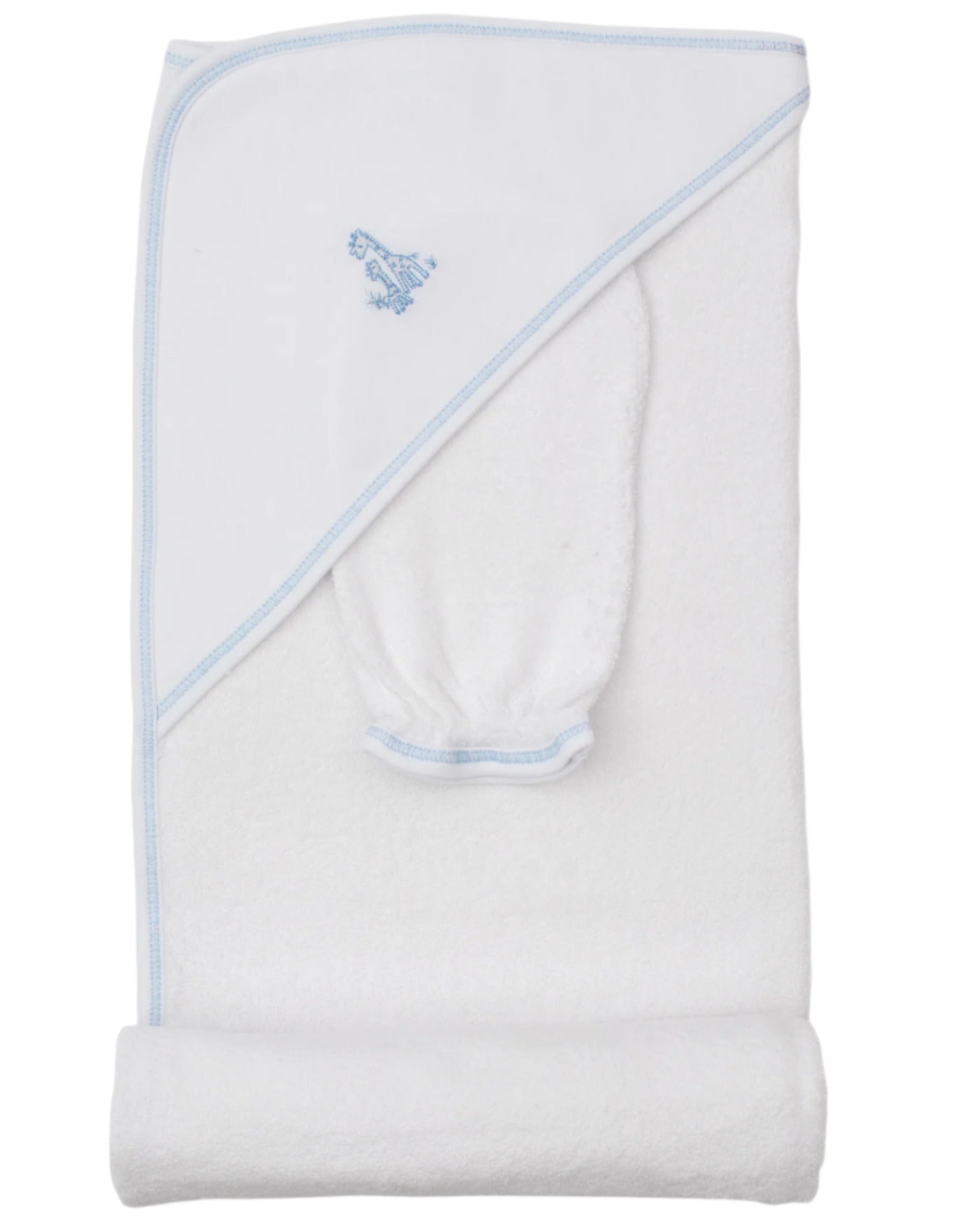 The Kissy Kissy Giraffe Grace Hooded Towel & Mitt Set features a white towel with light blue trim and an embroidered giraffe, folded to show the hood and matching mitt—ideal for keeping baby cozy at bathtime.