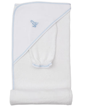 The Kissy Kissy Giraffe Grace Hooded Towel & Mitt Set features a white towel with light blue trim and an embroidered giraffe, folded to show the hood and matching mitt—ideal for keeping baby cozy at bathtime.