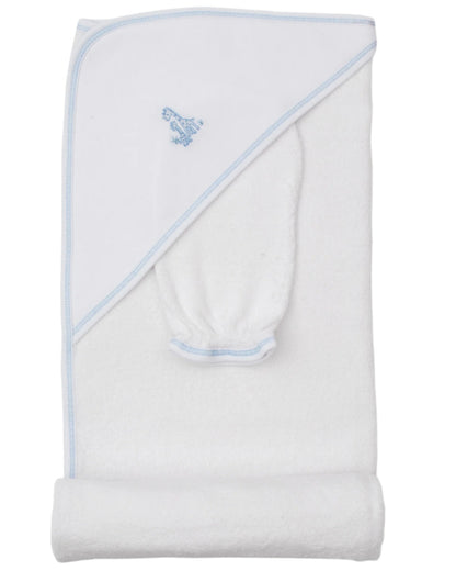 The Kissy Kissy Giraffe Grace Hooded Towel & Mitt Set features a white towel with light blue trim and an embroidered giraffe, folded to show the hood and matching mitt—ideal for keeping baby cozy at bathtime.