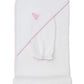 The Kissy Kissy Giraffe Grace Hooded Towel & Mitt Set in white features pink trim and an embroidered pink giraffe, shown folded with the hood and matching mitt—ideal for baby bathtime.