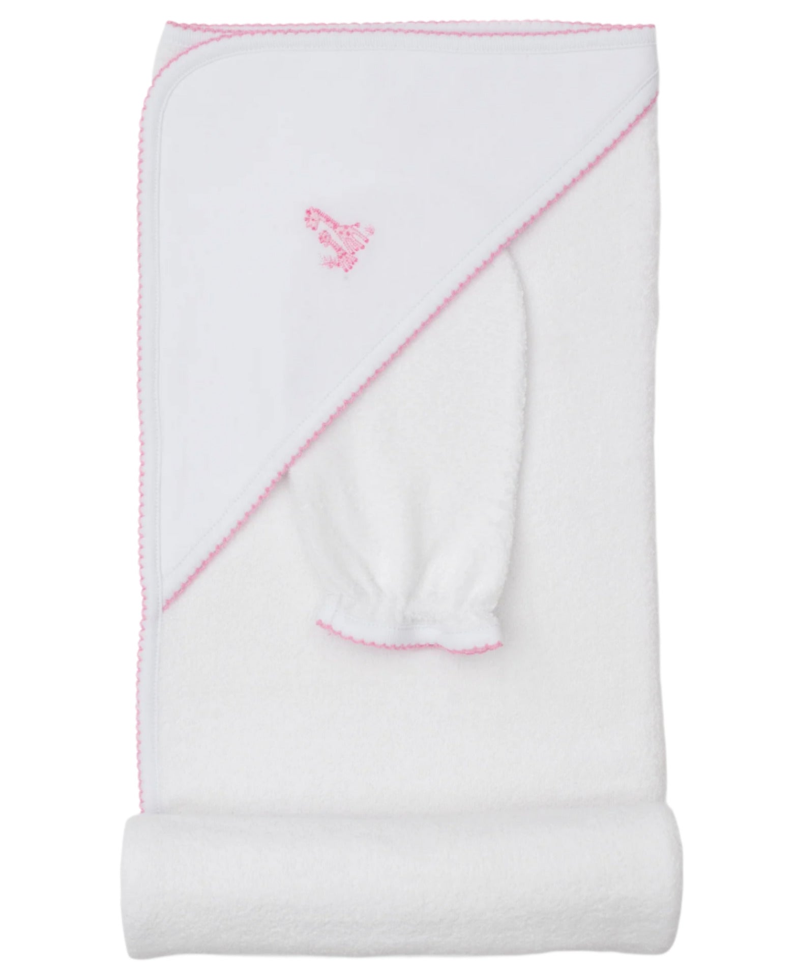 The Kissy Kissy Giraffe Grace Hooded Towel & Mitt Set in white features pink trim and an embroidered pink giraffe, shown folded with the hood and matching mitt—ideal for baby bathtime.