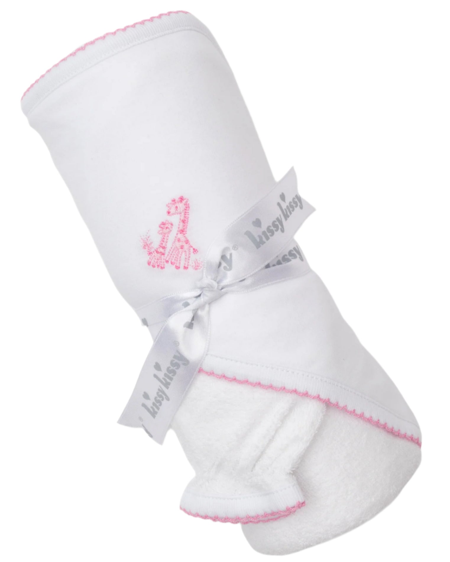 The Kissy Kissy Giraffe Grace Hooded Towel & Mitt Set features a white towel with pink trim, an embroidered pink giraffe, and a gray “Lissy Lissy” ribbon—perfect for baby bathtime.