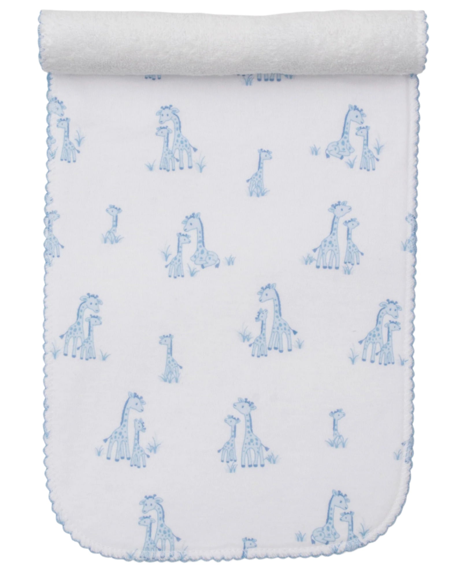 The Kissy Kissy Giraffe Grace Burp Cloth is crafted from soft Pima cotton and adorned with blue giraffe prints and scalloped edges, rolled at the top.