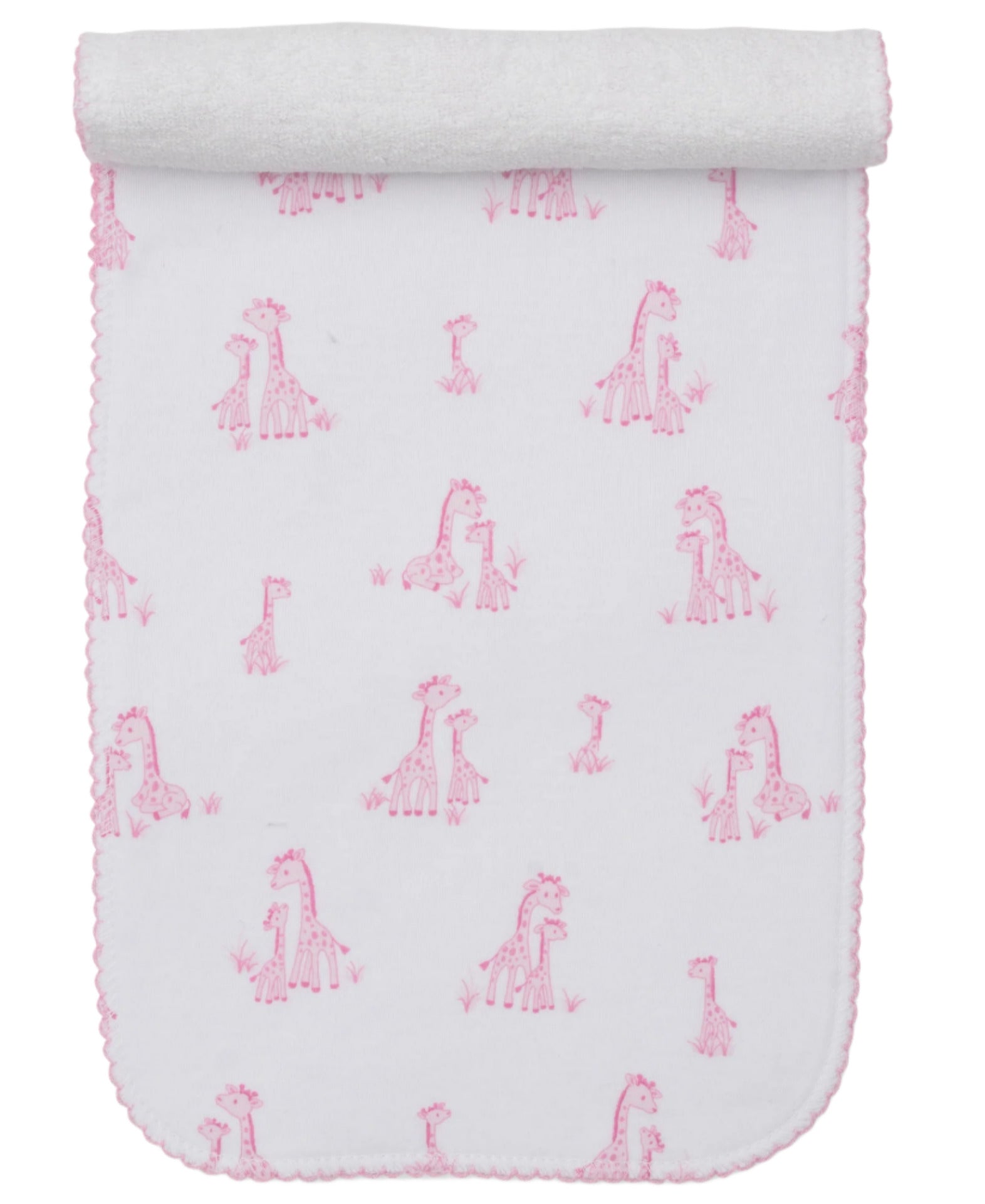 The Kissy Kissy Giraffe Grace Burp Cloth features white Pima cotton with pink giraffe prints and scalloped edges, rolled at the top.