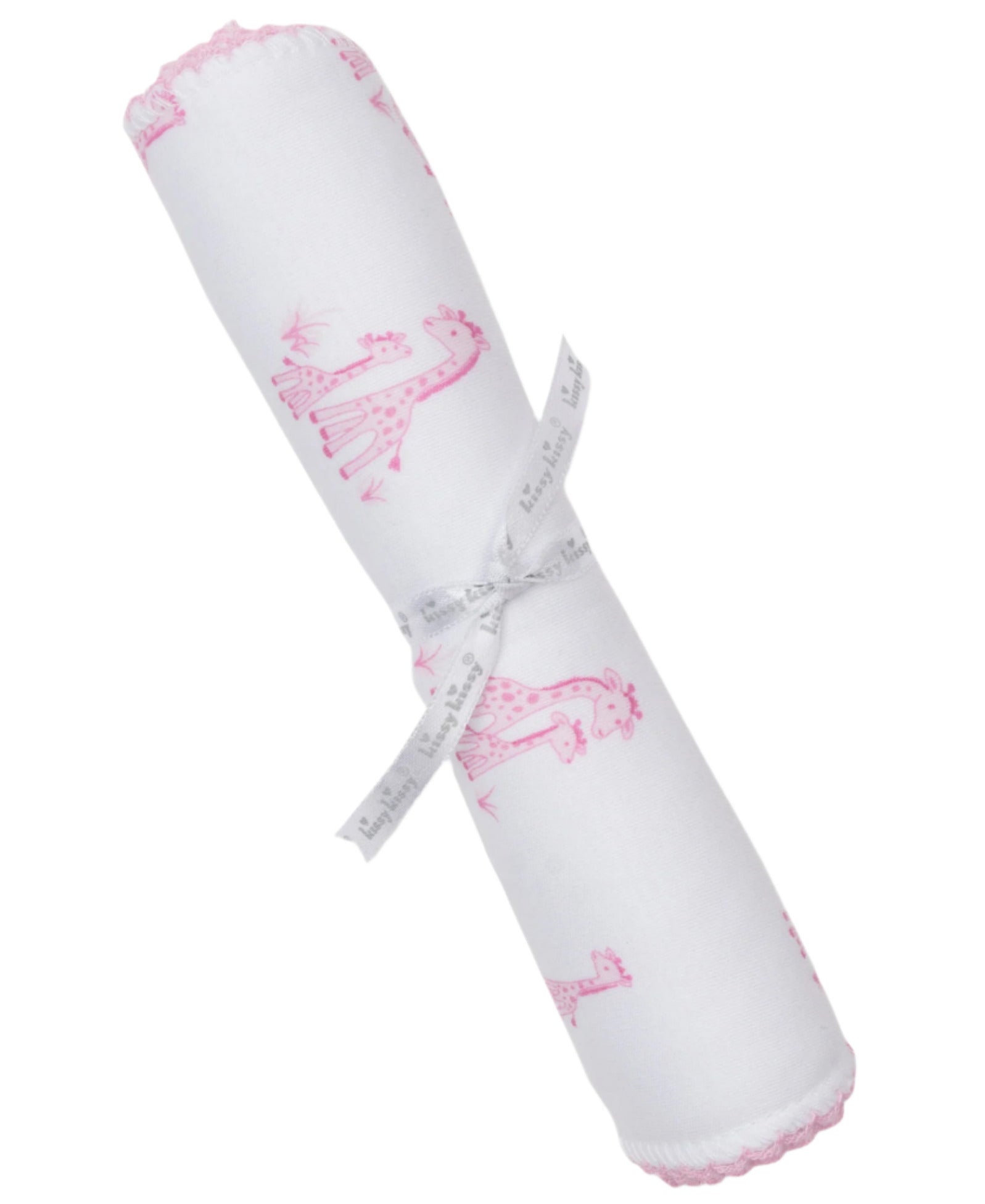 The Kissy Kissy Giraffe Grace Burp Cloth is a white Pima cotton burp cloth featuring pink giraffe prints, rolled and tied with a white ribbon printed with gray text.