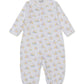 The Kissy Kissy Baby Duck Pond Paddles Convertible Gown is a long-sleeve, full-length romper featuring charming duck and animal prints on white Pima cotton fabric, designed for comfort and convenience with snap closures down the front.