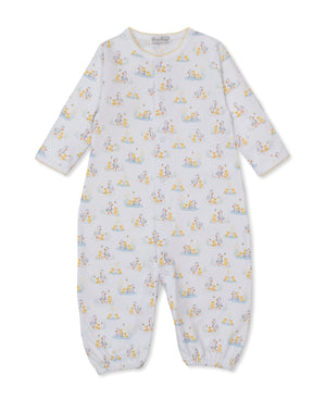 The Kissy Kissy Baby Duck Pond Paddles Convertible Gown is a long-sleeve, full-length romper featuring charming duck and animal prints on white Pima cotton fabric, designed for comfort and convenience with snap closures down the front.