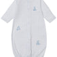The Kissy Kissy Baby' Giraffe Grace Dotted Convertible Gown is a white Pima cotton gown with blue polka dots, giraffe prints, long sleeves, elastic hems, and front snaps for easy changes.