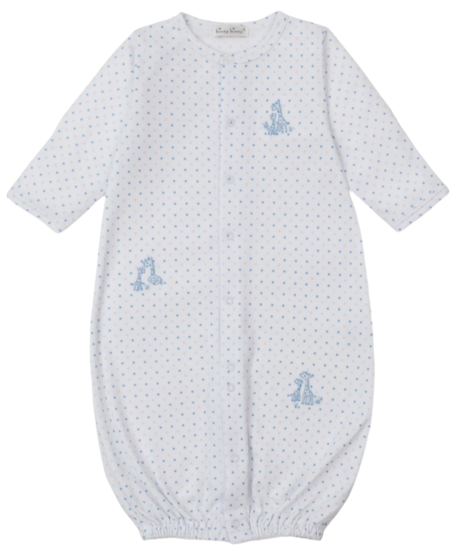The Kissy Kissy Baby' Giraffe Grace Dotted Convertible Gown is a white Pima cotton gown with blue polka dots, giraffe prints, long sleeves, elastic hems, and front snaps for easy changes.